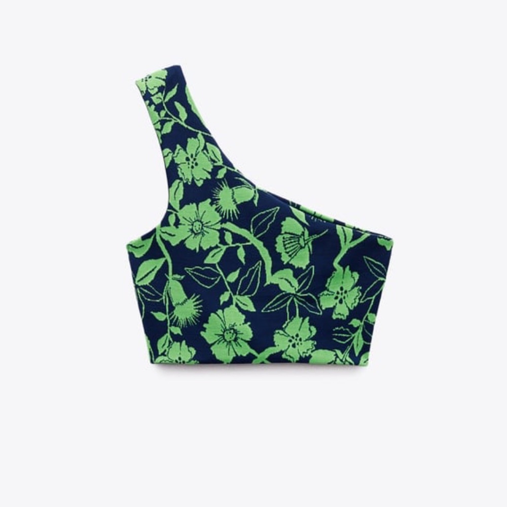 ZARA Jacquard top with asymmetric neckline and strap Blue Green Crop Top Large - Picture 5 of 15